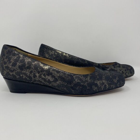 TROTTERS Signature 7.5W Slip On Wedges Metallic Black Animal Print Office Heels - Picture 3 of 16